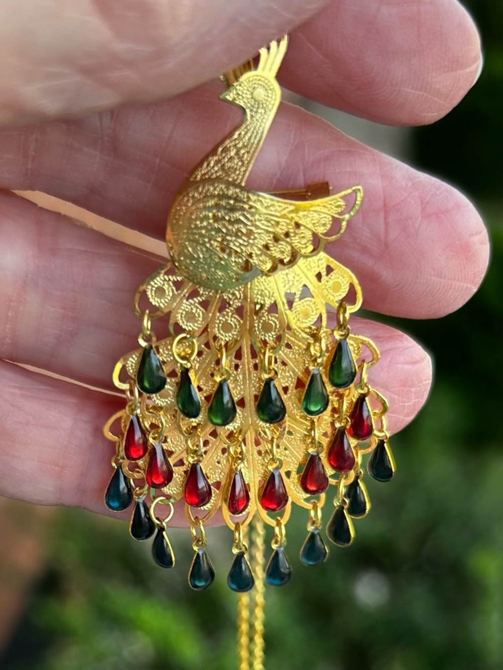Gold Plated Peacock Dangle Pendant Necklace with Green and Red Teardrops